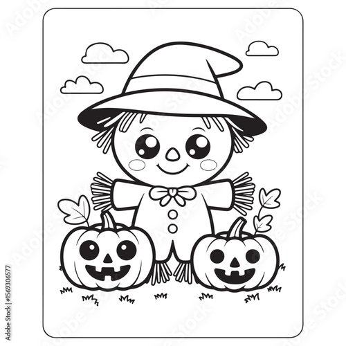 Smiling Scarecrow in Pumpkin Field – Cute Autumn Coloring Page for Kids, scarecrow coloring page, pumpkin patch coloring, autumn coloring page kids, thanksgiving scarecrow printable, victor art 