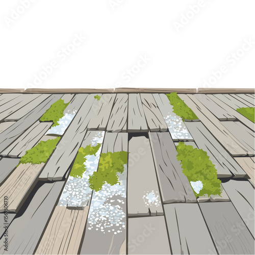 Illustration of a weathered wooden shingle roof with moss growth and patches of snow