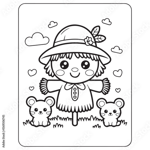 Smiling Scarecrow in Pumpkin Field – Cute Autumn Coloring Page for Kids, scarecrow coloring page, pumpkin patch coloring, autumn coloring page kids, thanksgiving scarecrow printable, victor art 