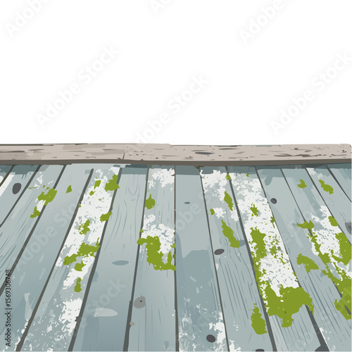 Old weathered wooden deck with moss and lichen in perspective