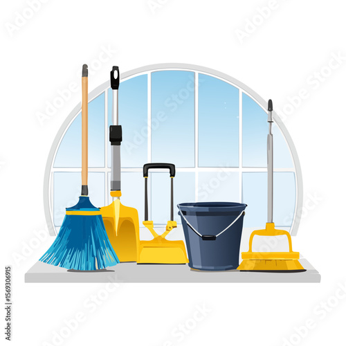 Cleaning Supplies for Home and Office: Bucket, Mops, Brooms, and Dustpans