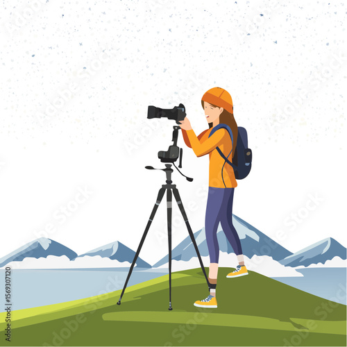 Female photographer with backpack taking landscape photo with tripod camera, mountain background.