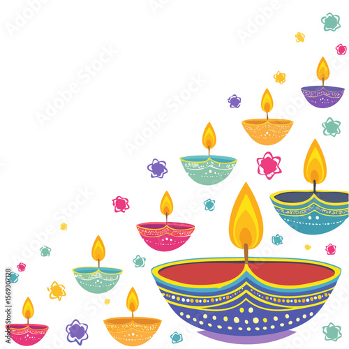 Colorful Diwali Oil Lamps Arrangement on Black Background