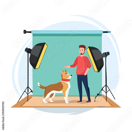 Dog photography session with professional studio lighting and handler.