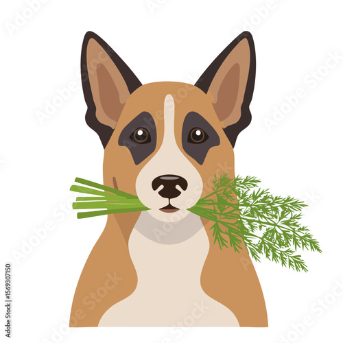 Dog holding dill - A cute illustration of a dog portrait with a sprig of dill