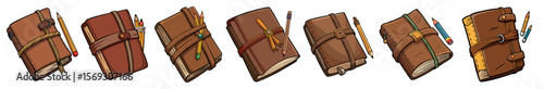 a set of  Weathered Leather Journal, Twine-Wrapped Pencils, and Wooden Accents on White

