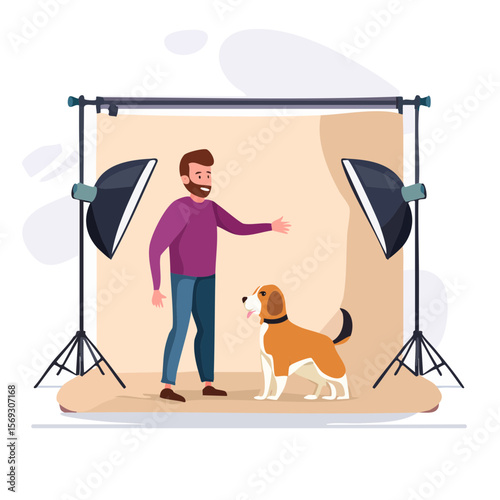 Professional pet portrait session with a happy dog and photographer