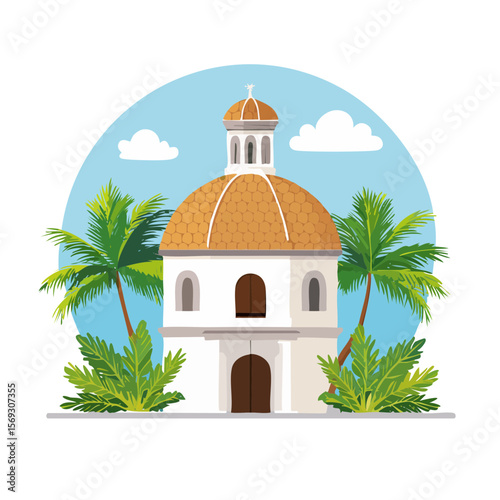 Chapel by the Sea: A Tropical Island Scene with a Quaint Building