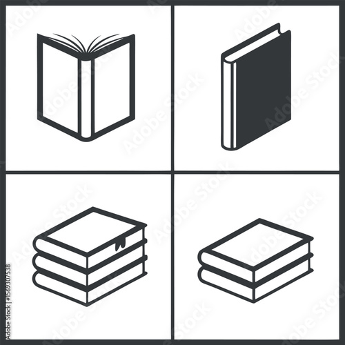Collection of four stylized book icons in different orientations isolated on white background