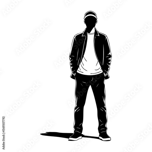 Minimalist black and white illustration of a casual man standing with hands in pockets
