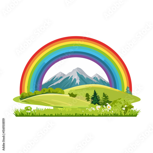 Rainbow Over Mountain Landscape, Scenic Nature Illustration