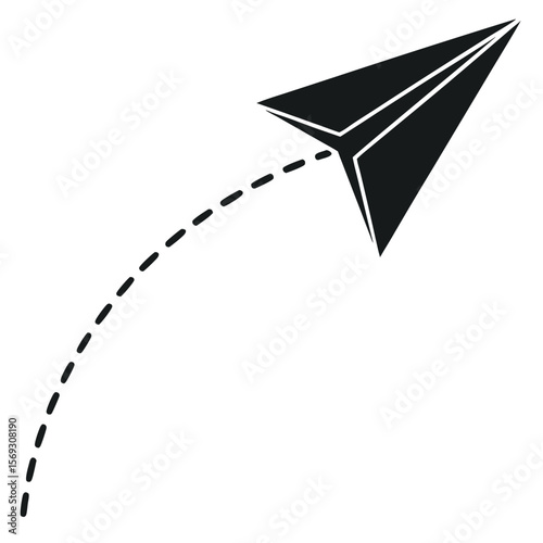 Black paper airplane in flight leaving a dashed line trail isolated on white background