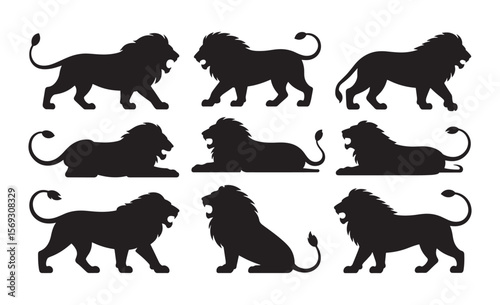 Collection of black lion silhouettes in various poses on white background