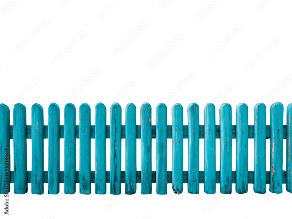A vibrant turquoise fence stands strong, creating a sense of structure and charm, isolated on a white background
