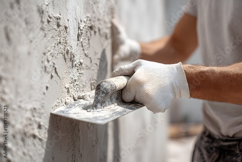 Construction worker plastering exterior wall with cement using trowel during building renovation