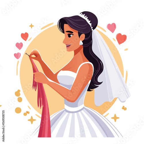 Bride preparing for her wedding day, putting a pin in her bouquet ribbon.