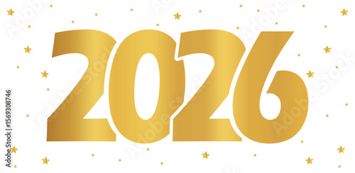 3D vector numbers 2026 in a gold color. Design object for New Year greeting cards, advertising banners. Metal numbers are bold and sleek, and with sharp edges. 3D element isolated on white Start's.
