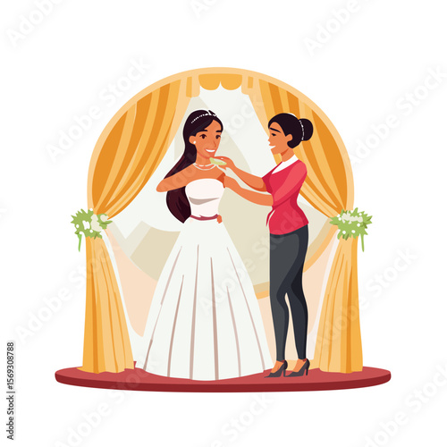 Bride getting ready: A woman helping a bride adjust her wedding dress on her wedding day.