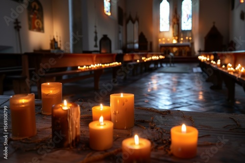 Many lit candles creating a warm atmosphere inside a church during an evening mass