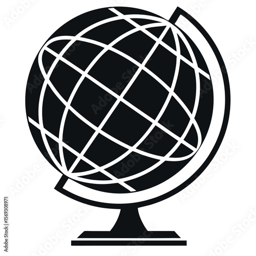 Stylized black globe icon with white grid lines isolated on white background