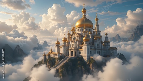 Majestic fantasy castle with gold domes floating in the clouds