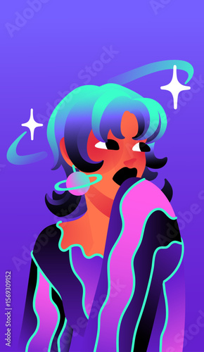 Avatar of girl with modern accessory in space style. Portrait of fashion young woman with stylish haircut, trendy earrings in planet shape. Happy person with cute jewelry. Flat vector illustration