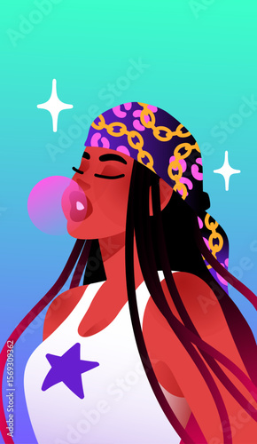 Young woman with stylish bandana is blowing pink bubble gum portrait. Happy girl in fashion outfit is chewing bubblegum. Female avatar of modern person in trendy clothes. Flat vector illustration