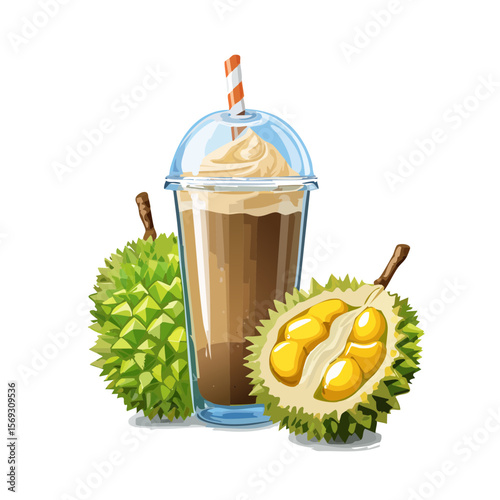Iced Durian Coffee Illustration with Fresh Durian Fruit