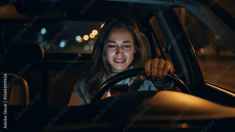 A heartbroken young woman cries alone in her car at night, her face lit ...