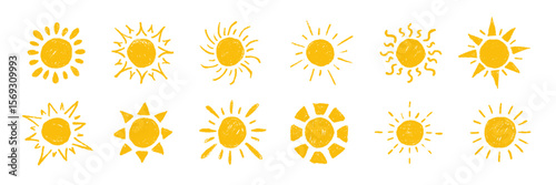 Crayon pencil hand drawn sun set. Chalk twinkle, blink, firework, silhouette and sparkles glowing symbols in sketch style. Vector doodle texture illustration