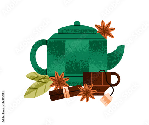 Tea with cinnamon sticks and star anise. Green kettle, pottery cup with teabag. Teapot with water for preparing herbal drink in mug. Teacup of hot beverage. Flat isolated vector illustration on white