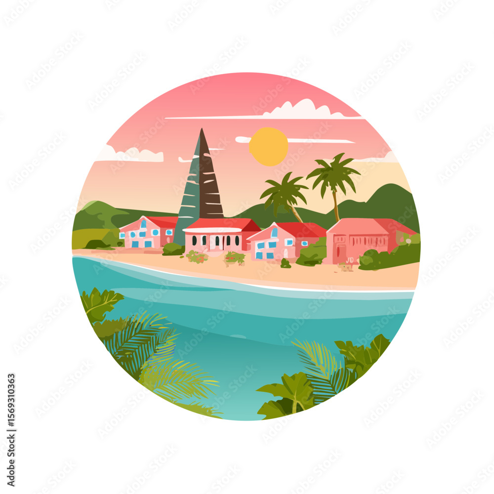 Obraz premium Tropical Beach Village at Sunset Illustration
