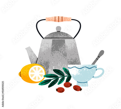 Kettle and cup of barberry tea with lemon. Teapot with water for infusing herbal beverage with berries. Mug of hot drink, teacup with spoon. Flat isolated vector illustration on white background