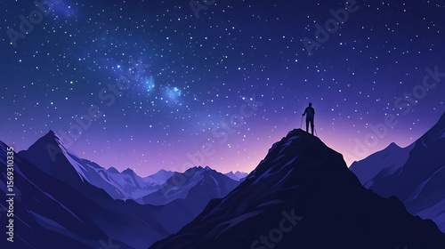  A lone hiker standing on a mountain ridge while marveling at the starry night sky 