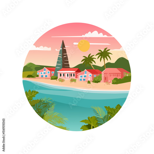 Tropical Beach Village at Sunset Illustration