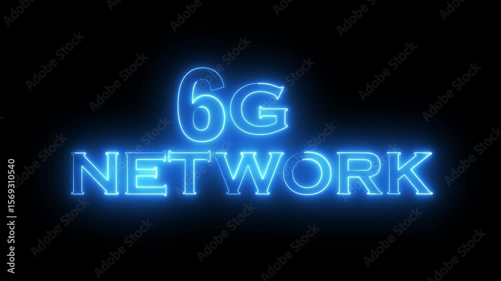 6G network text icon animation glowing neon blue color broadband internet font letter banner sign computer and mobile phone network sign symbol on black background