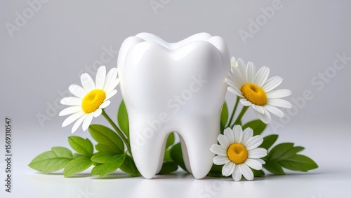 Isolated White Tooth With Green Floral Arrangement On White Background.