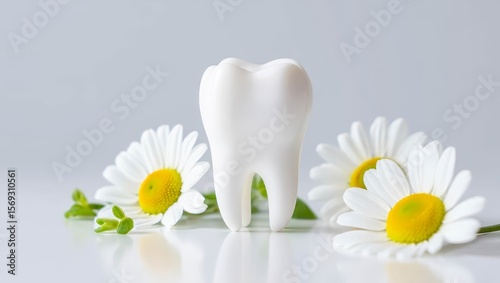 Isolated White Tooth With Green Floral Arrangement On White Background.