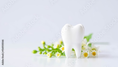 Isolated White Tooth With Green Floral Arrangement On White Background.