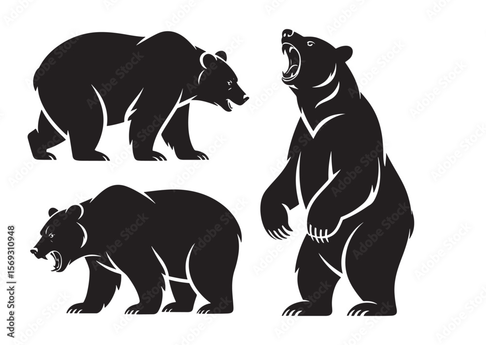 Fototapeta premium Three black bear silhouettes in dynamic poses on white background