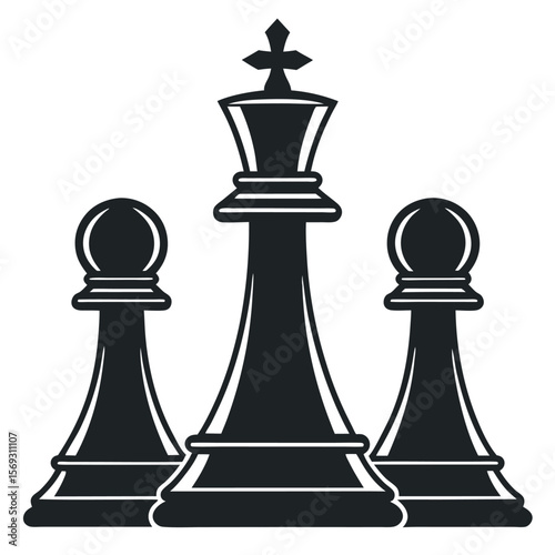 Black king and pawns chess pieces silhouette isolated on white background