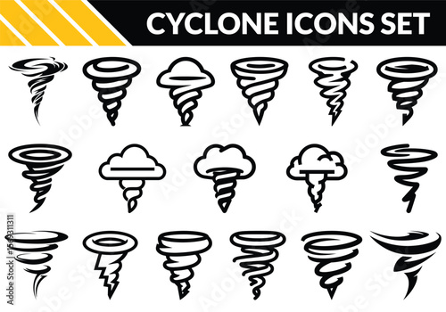 A set of diverse black outlined cyclone icons showcase varied storm shapes on white