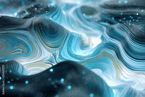 Abstract digital illustration featuring flowing waves of blue and white colors