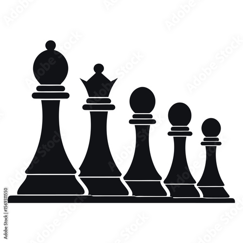 Black chess pieces bishop queen and pawns arranged in ascending order isolated on white background