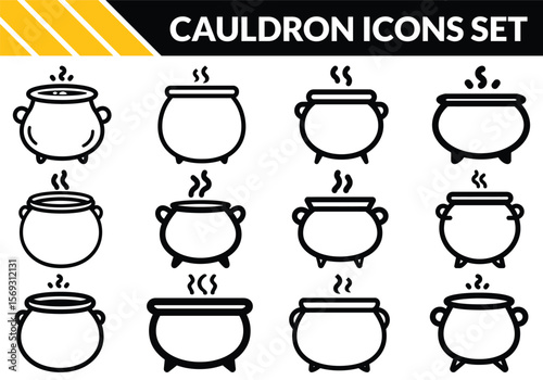 Twelve black line cauldron icons show steaming contents or bubbling brews over a white backdrop