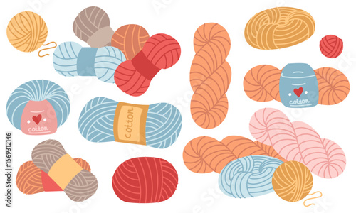 Set of multicolored, diverse knitting yarns with labels in various shapes. Collection of handmade products. Cozy atmosphere. Flat color illustration. knitting, needlework, prints products, hobbies