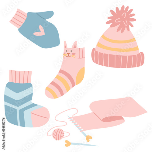 Set of knitted items. Socks, hat, mittens, and a half-knitted scarf in delicate colors. Collection of handmade items. Cozy atmosphere. Flat color illustration. Knitting, needlework, printed, hobbies