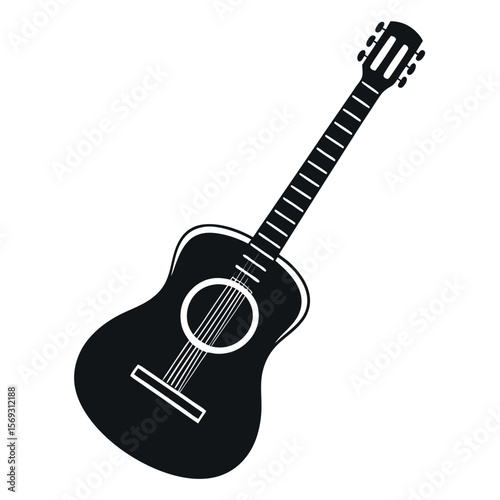Acoustic guitar silhouette with six strings and tuning pegs isolated on white background
