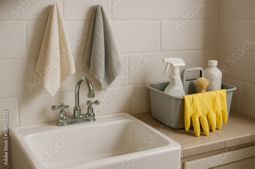 Essential cleaning supplies arranged near a utility sink, emphasizing the importance of hygiene and a clean environment