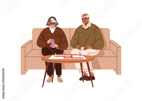 Old couple sits on sofa. Senior people play board game on coffee table. Happy granny and grandfather spend time together. Elderly man and woman have fun. Flat isolated vector illustration on white
